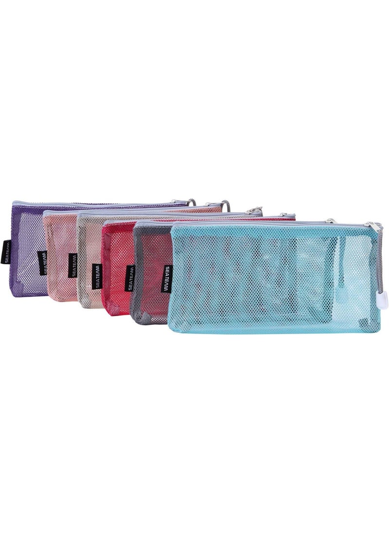 Sea Team 6pcs Multicolored Portable Travel Toiletry Pouch Nylon Mesh Cosmetic Makeup Organizer Bag with Zipper