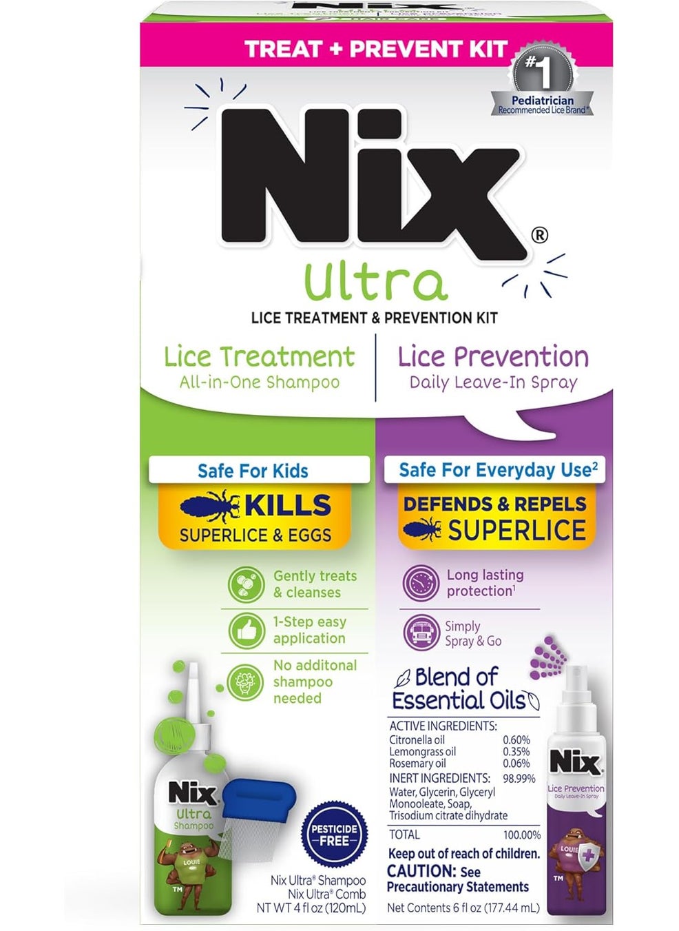 Nix Lice Treatment & Prevention Kit, All-in-One Shampoo, 4 fl oz, with Lice Removal Comb and Lice Prevention Daily Leave-in Spray, 6 fl oz