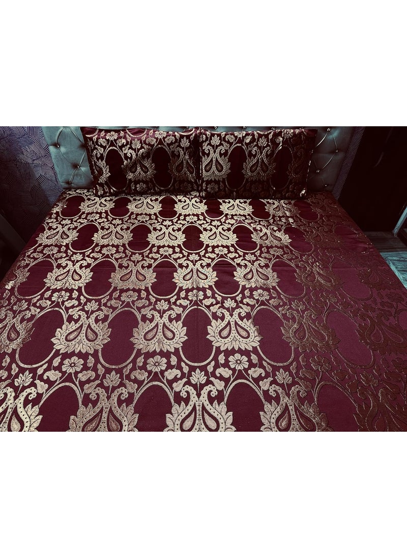 Gurukirpa Traders Cotton Silk 210 TC Embossed Embroidery Double Bedsheet with 2 Pillow Covers Maroon Multicolor Gold