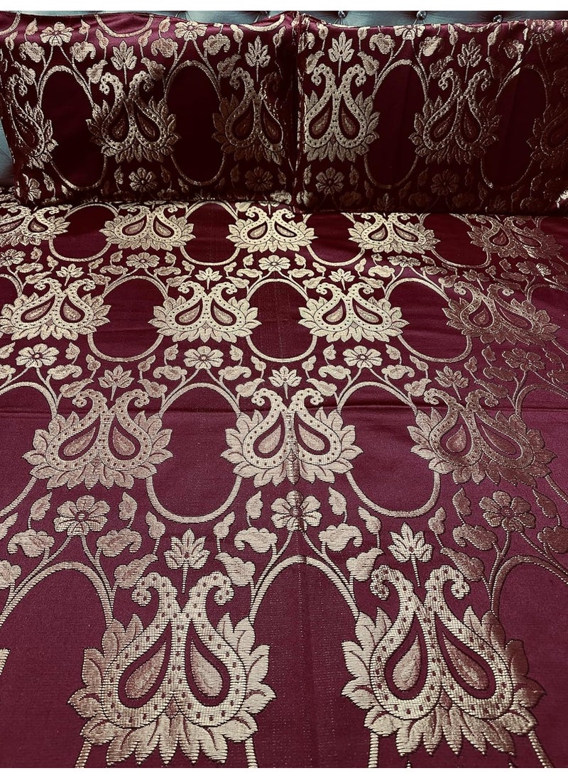 Gurukirpa Traders Cotton Silk 210 TC Embossed Embroidery Double Bedsheet with 2 Pillow Covers Maroon Multicolor Gold