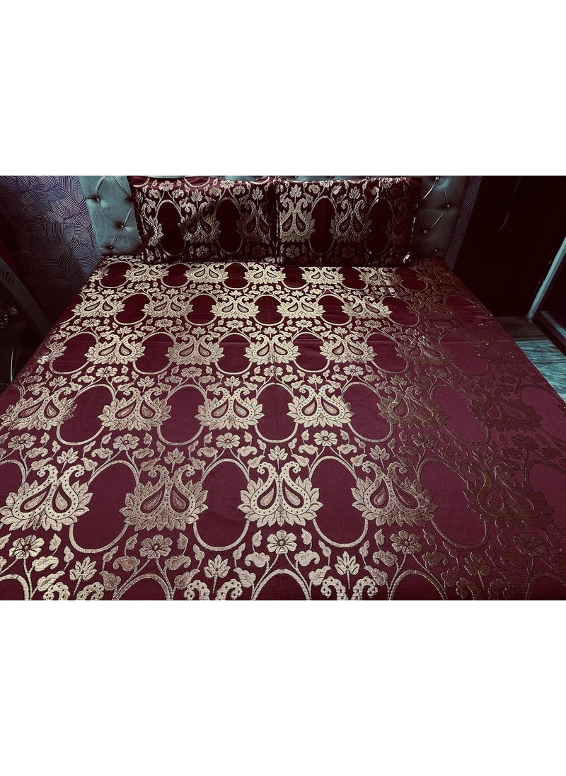 Gurukirpa Traders Cotton Silk 210 TC Embossed Embroidery Double Bedsheet with 2 Pillow Covers Maroon Multicolor Gold