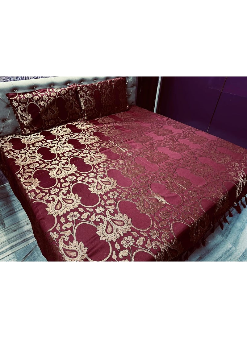 Gurukirpa Traders Cotton Silk 210 TC Embossed Embroidery Double Bedsheet with 2 Pillow Covers Maroon Gold Multicolor