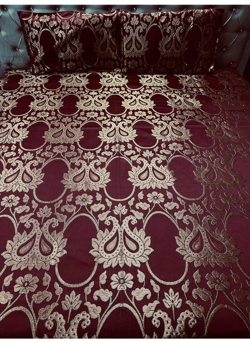 Gurukirpa Traders Cotton Silk 210 TC Embossed Embroidery Double Bedsheet with 2 Pillow Covers Maroon Gold Multicolor