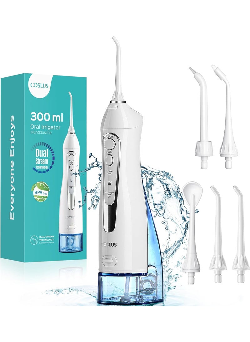 COSLUS Water Dental Flosser Teeth Pick: Portable Cordless Oral Irrigator 300ML Rechargeable Travel Irrigation Cleaner IPX7 Waterproof Electric Flossing Machine for Teeth Cleaning C20(F5020E) White