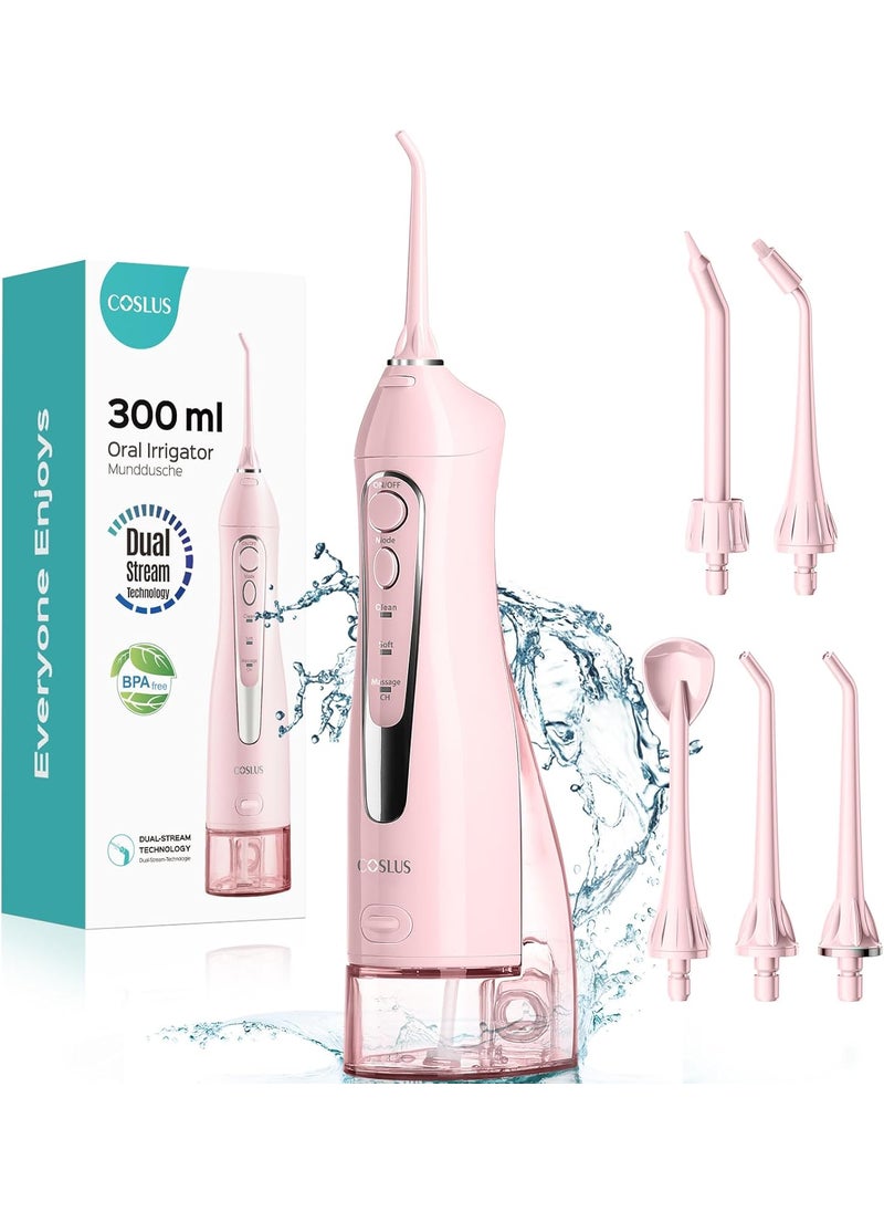 COSLUS Water Dental Flosser Teeth Pick: Portable Cordless Oral Irrigator 300ML Rechargeable Travel Irrigation Cleaner IPX7 Waterproof Electric Flossing Machine for Teeth Cleaning C20(F5020E) Pink