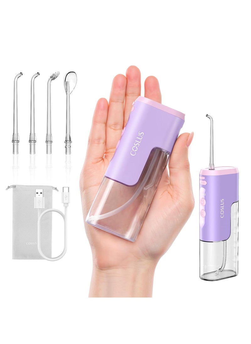 COSLUS Mini Water Flosser for Travel: Portable Compact Design, Cordless Oral Irrigator with 4 Jet Tips, Removable Tank & IPX7 Waterproof for Braces, Sensitive Teeth & On-The-Go Use, Pink Purple, T40