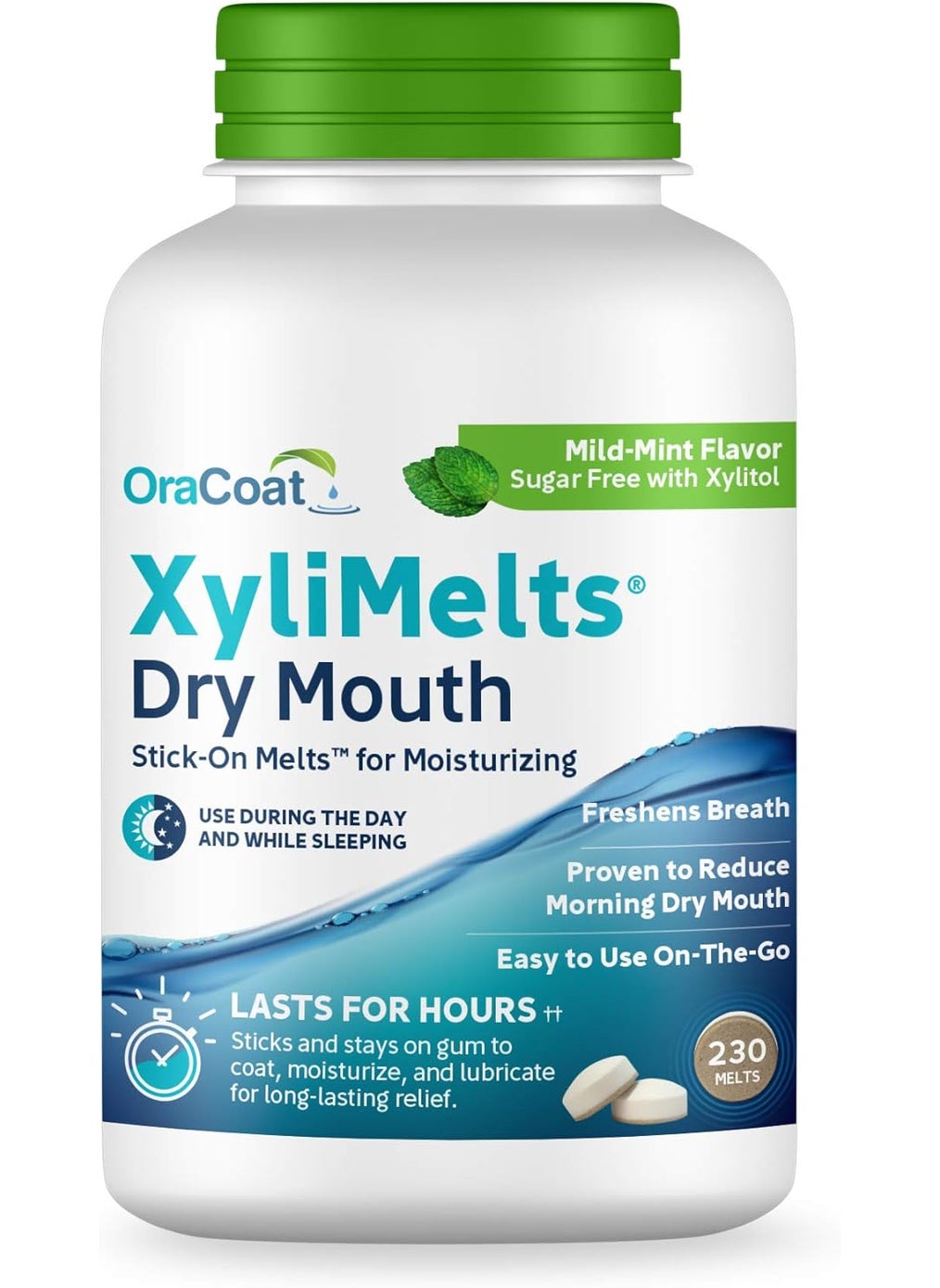OraCoat XyliMelts Dry Mouth Relief Moisturizing Stick-On-Melts with Xylitol, 230 Count, Mild Mint, Helps Stimulate Saliva for Dry Mouth, Non-Acidic, Day & Night Use, Time Release for Up to 8-Hour
