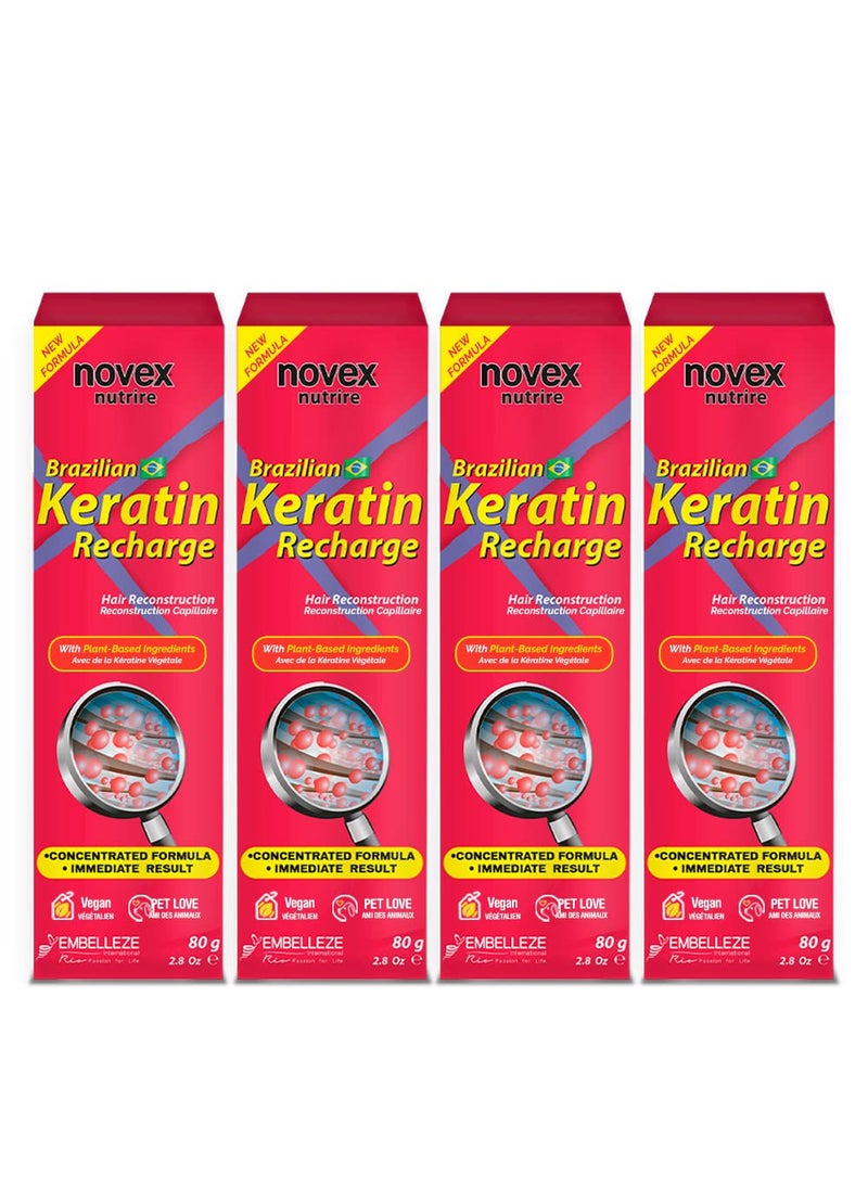 NOVEX Leave-In Conditioner - Brazilian Keratin Recharge Tube - 3 fl oz (Pack of 4) - Reconstructive Keratin, Frizz Control & Damage Repair, Ultra Concentrated Formula for Smooth and Straight Hair