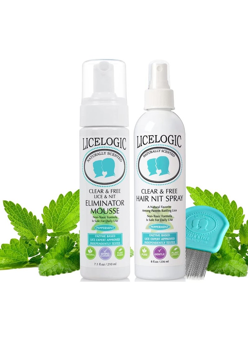 LiceLogic Clear & Free Lice Treatment Mousse, Conditioning Hair Spray, & Nit Comb Set, Peppermint - Effective Against Super Lice, Kills Eggs & Nits, Prevents & Repels Lice, Naturally Derived Licezyme