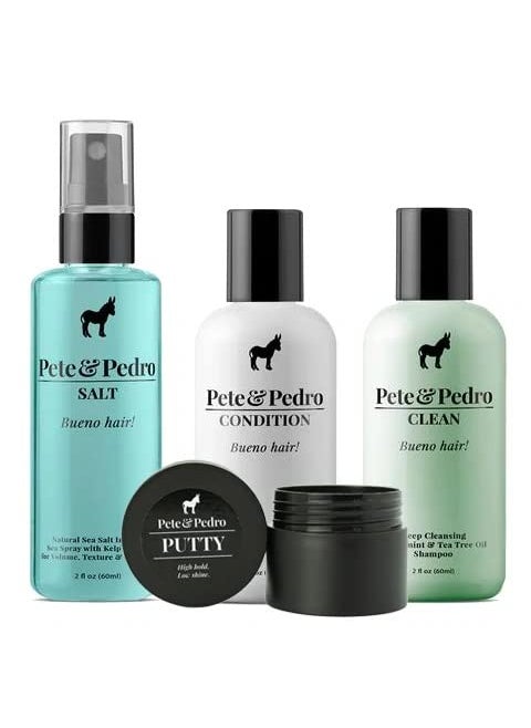 Pete & Pedro BUENO HAIR SAMPLES SET - Men's Hair Care and Styling Trial & Travel Size Kit | Sea Salt Spray, Putty, Clean Shampoo, & Peppermint Condition | As Seen on Shark Tank, Set of 4 Products