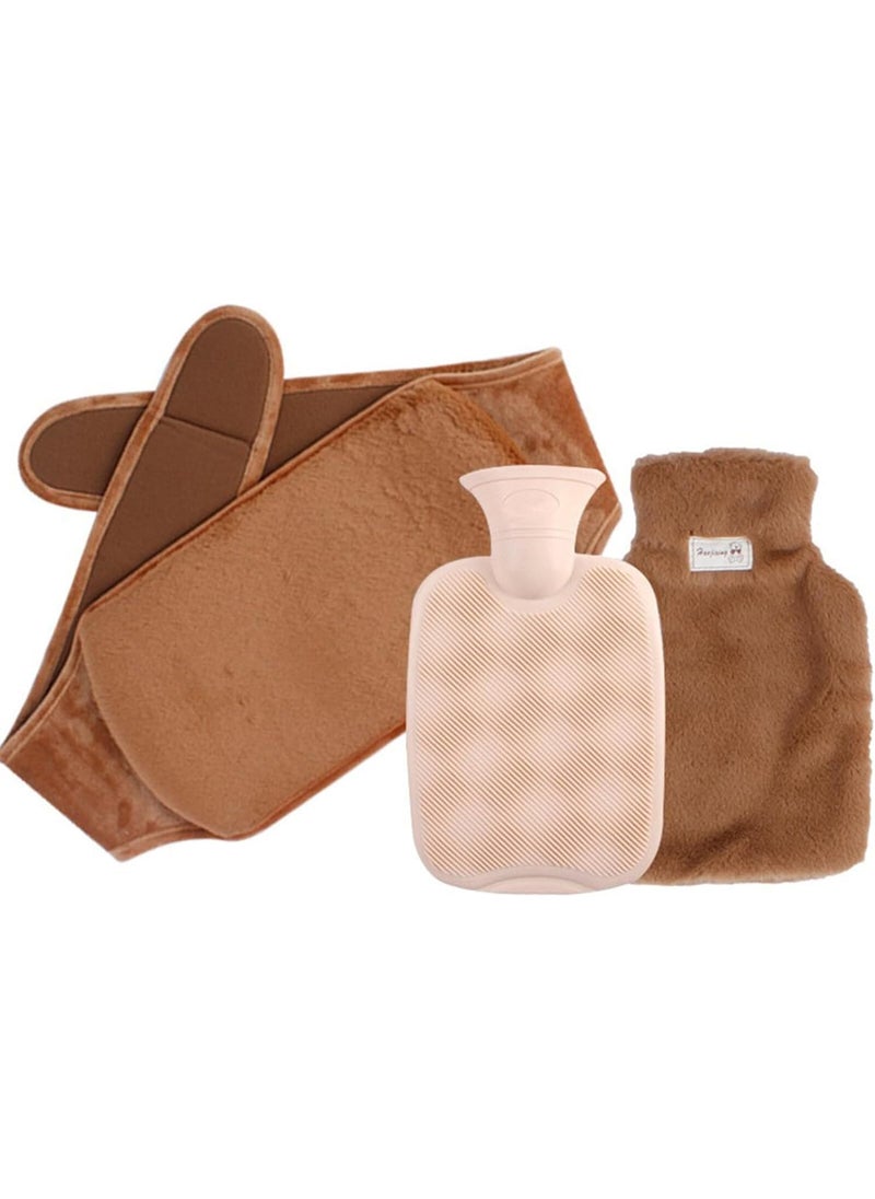 Rehomy Hot Water Bottle,Hot Water Bottle with Cover,Hot Water Bottle with Waist Cover,Hot Water Bag with Plush Waist Cover for Pain Relief Jeopace(3 PCS,Brown)