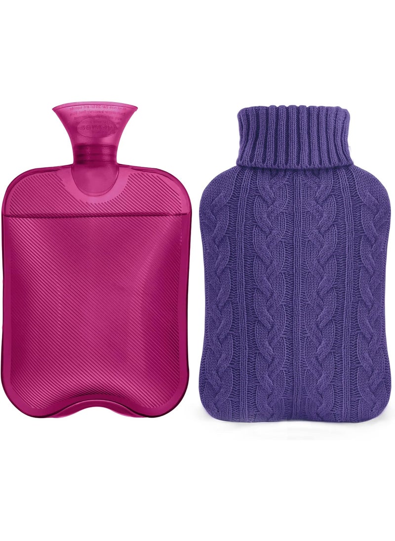 samply Hot Water Bottle with Knitted Cover, 2L Hot Water Bag for Hot and Cold Compress, Hand Feet Warmer, Ideal for Menstrual Cramps, Neck and Shoulder Pain Relief, Purple