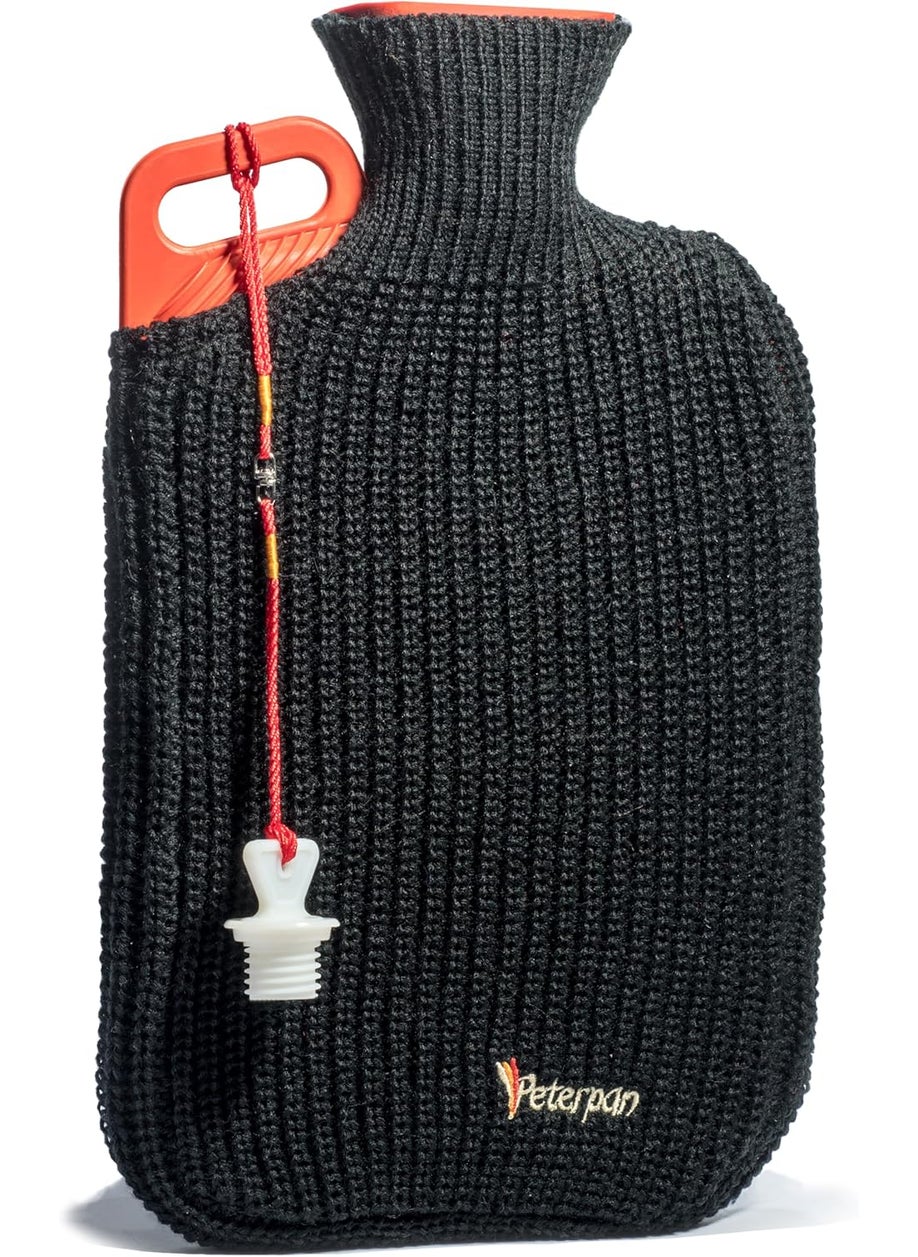 Peterpan Rubber Hot Water Bottle with Knitted Cover, Extra Large & Thick for Pain Relief, 90 Fl Oz Capacity,BPA & Phthalates Free, Handle & 2nd Gen Lanyard Cap, Safe & Comfortable Heat Therapy, Black