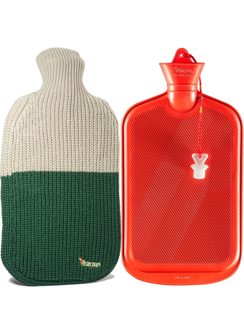 Peterpan Knit Rubber Hot Water Bottle with Wool Blend Cover, Size: XXX-Large, Hot Water Bottles for Pain Relief, BPA & PVC Free, 100 Fl Oz Capacity, Original, Wool Blend Hot Water Bottle, Gray & Green