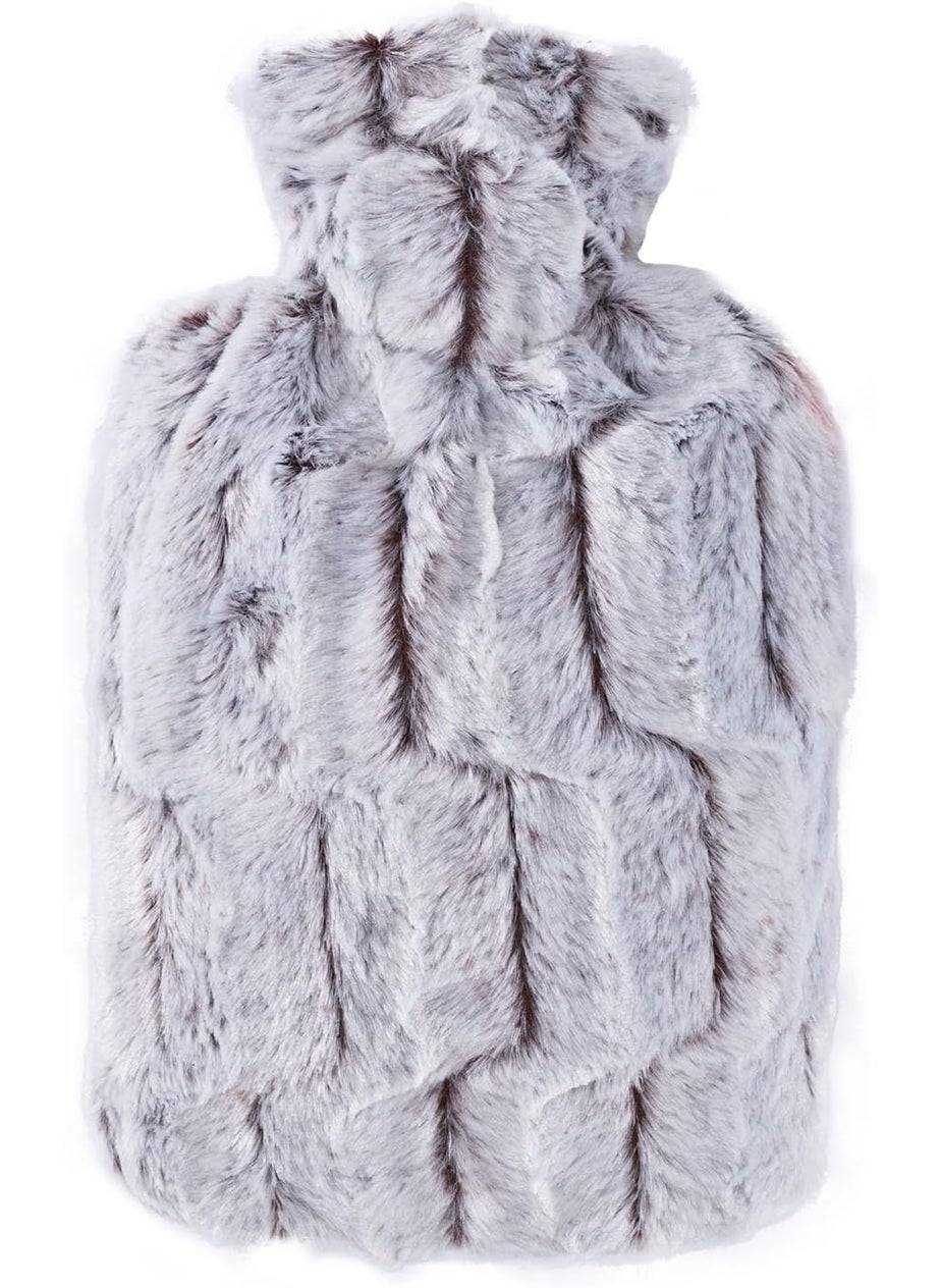 Hot Water Bottle with Cover (1,8L Faux Fur, Brown/Silver), Made in Germany, Non-Toxic Certified, Soothing Warmth, Helps Relief Muscle Aches & Pain, Menstrual Cramps