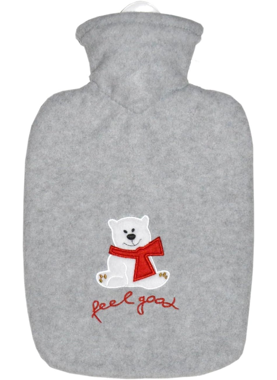 Hot Water Bottle with Cover (1,8L Fleece, Grey, Feel Good Bear), Made in Germany, Non-Toxic Certified, Soothing Warmth, Helps Relief Muscle Aches & Pain, Menstrual Cramps