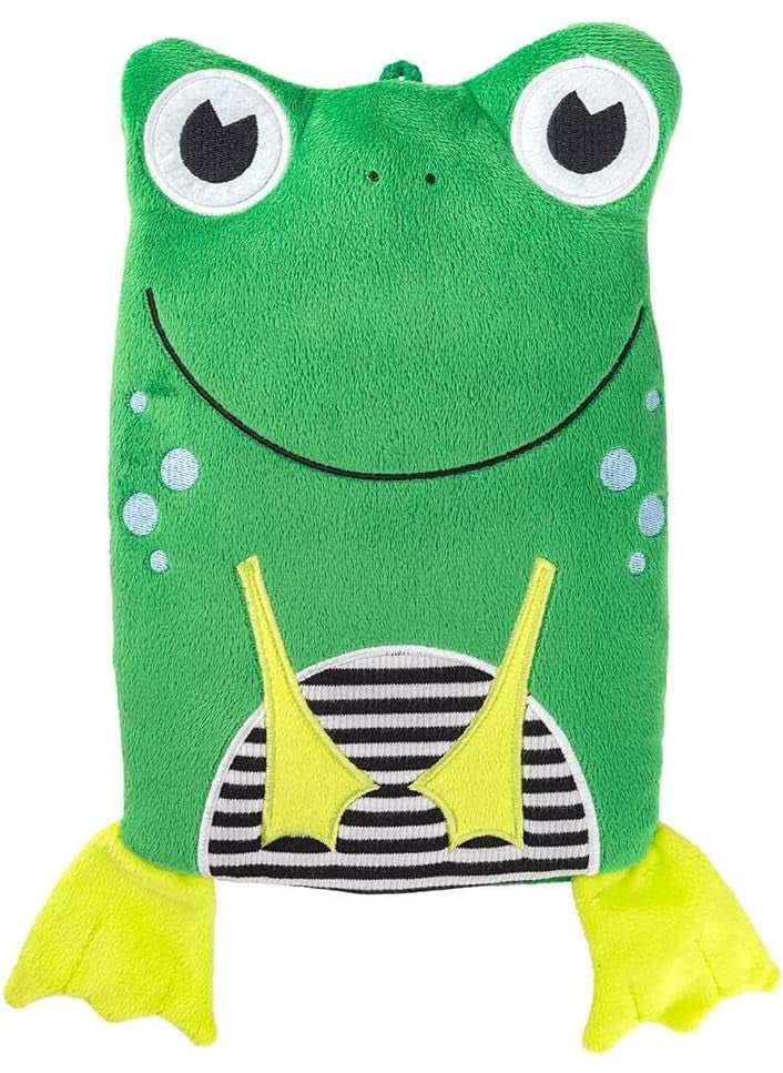 Kids Hot Water Bottle with Animal Cover (0.8L, Smiley Frog) Eco Hot Water Bottle, Made in Germany, Soothing Comfort and Warmth, Helps Relief Stomach Ache