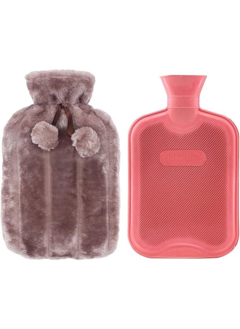 HomeTop Premium Classic Rubber Hot Water Bottle and Luxurious Faux Fur Plush Fleece Cover w/Pom Pom Decor (Nude Pink)