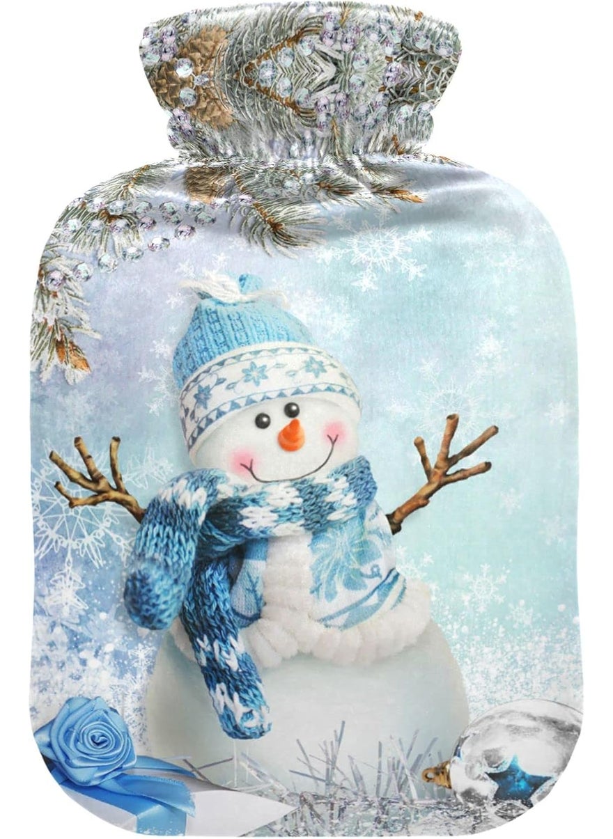 Winter Snowman Snowflake Hot Water Bottle Premium Rubber Christmas Tree Bells Blue Sliver Hot Water Bags with Soft Velvet Cover 2 Liter