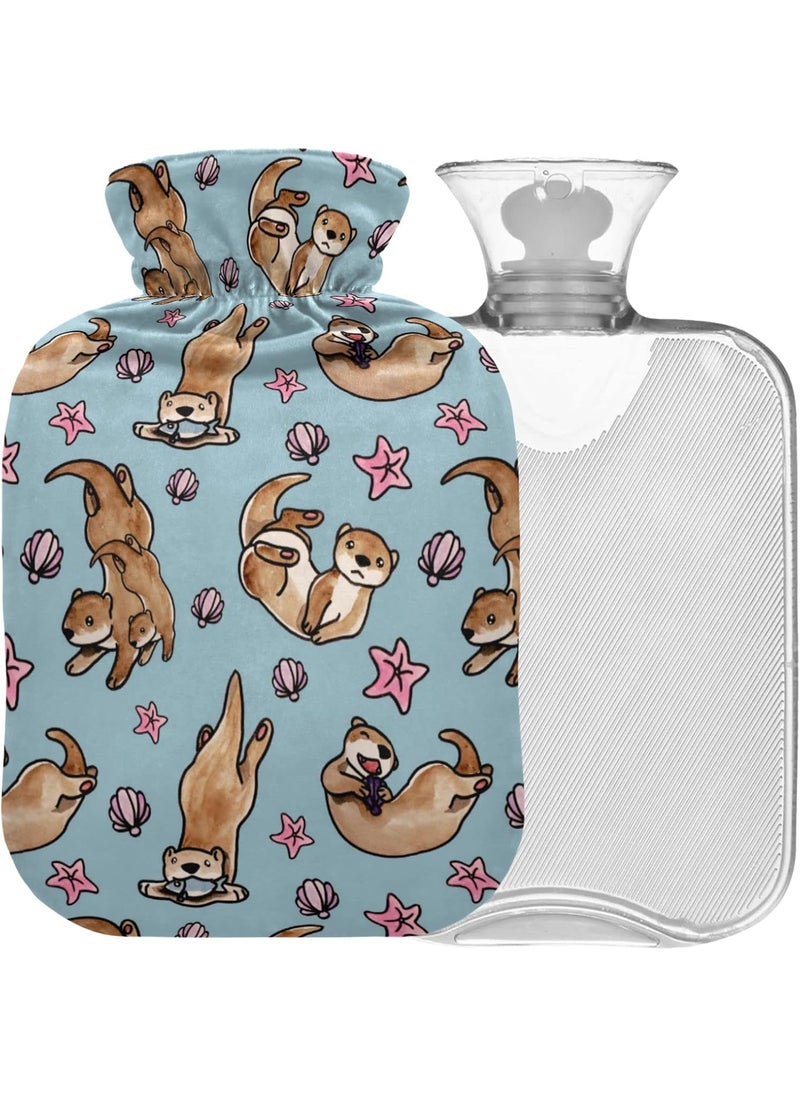 Naanle Sea Animal Otters Hot Water Bottle with Cover Hot and Cold Therapy Transparent Warm Water Bottle 1L Hot Water Bag for Bed Hand Feet Warmer Pain Relief