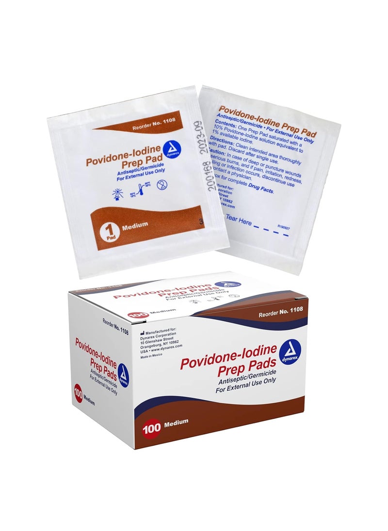 Dynarex Povidone-Iodine Prep Pads, Saturated with Povidone Iodine 10%, Medical-Grade Antiseptic Wipes Used for Prepping Prior Minor Procedures, Medium, 1 Case of 100 Prep Pads
