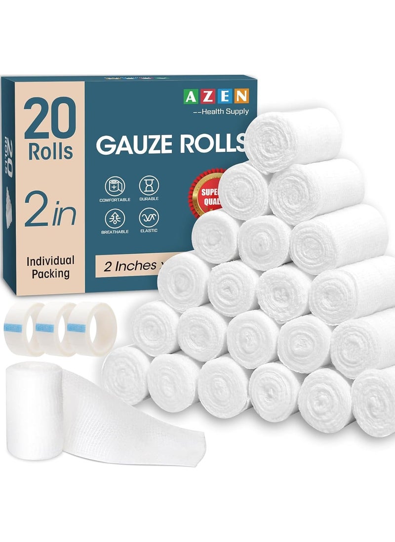 AZEN 20 Pack Gauze Rolls Bandages, 2 in x 4.1 Yards, Premium Medical Supplies & First Aid Supplies, Bandage Wrap Vet Wrap