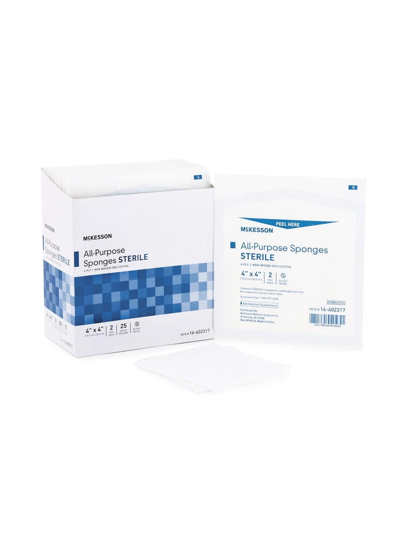McKesson All Purpose Sponges, Sterile, 4-Ply, 100% Cotton, 4 in x 4 in, 2 per Pack, 25 Packs, 50 Total