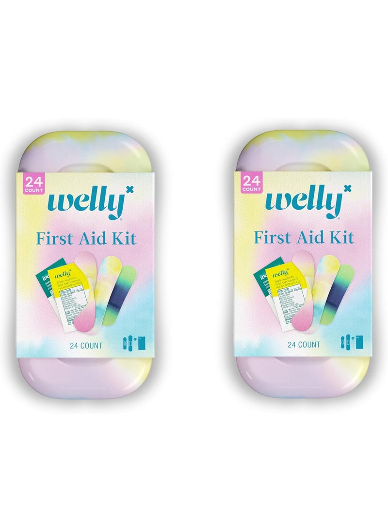 Welly Quick Fix Colorwash, On The Go First Aid Kit, Assorted Bandages, Ointments, and Hand Sanitizer, Tie Dye Patterns, 2 Pack
