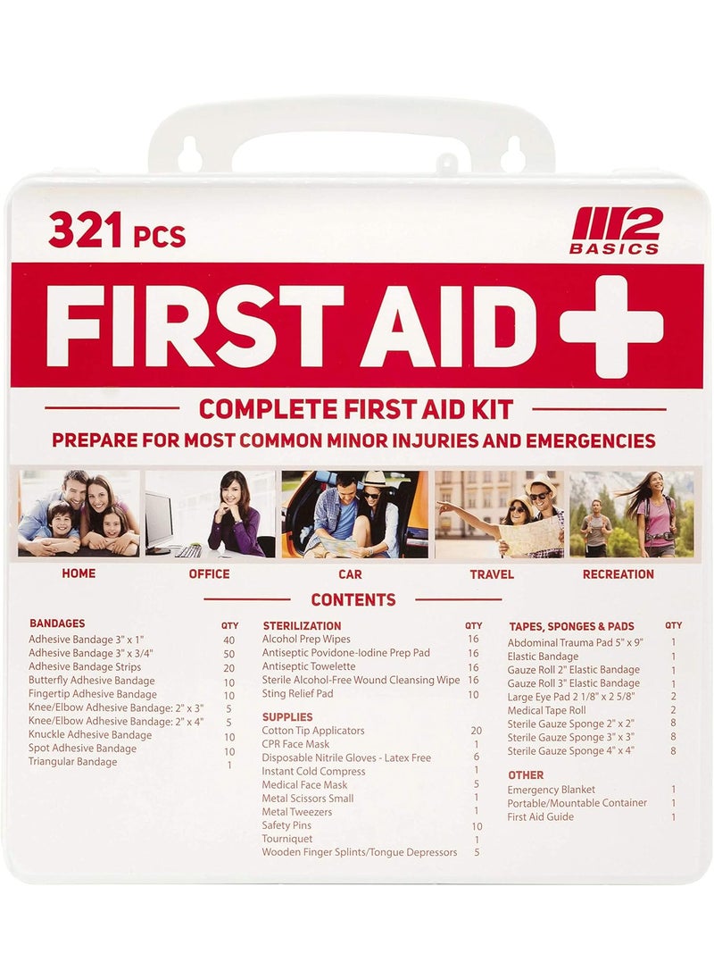 M2 BASICS Complete 321 Piece First Aid Kit | First Aid Kit for Home, Businesses, Vehicle Car | Emergency Kit, Emergency Medical Kit
