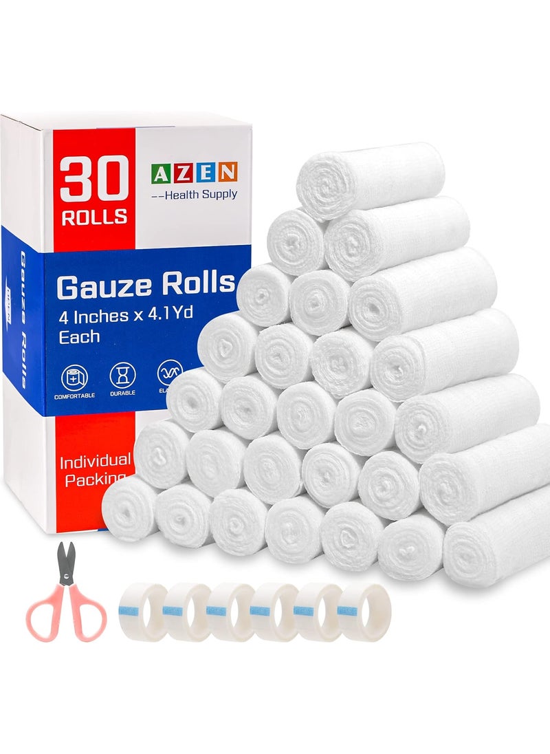 AZEN 30 Pack Gauze Rolls Bandages, 4 in x 4.1 Yards, Premium Medical Supplies & First Aid Supplies, Bandage Wrap Vet Wrap, Mummy Wraps