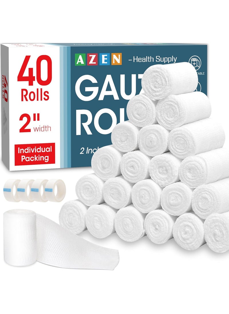 AZEN 40 Pack Gauze Rolls Bandages, 2 in x 4.1 Yards, Premium Medical Supplies & First Aid Supplies, Bandage Wrap Vet Wrap, Mummy Wraps