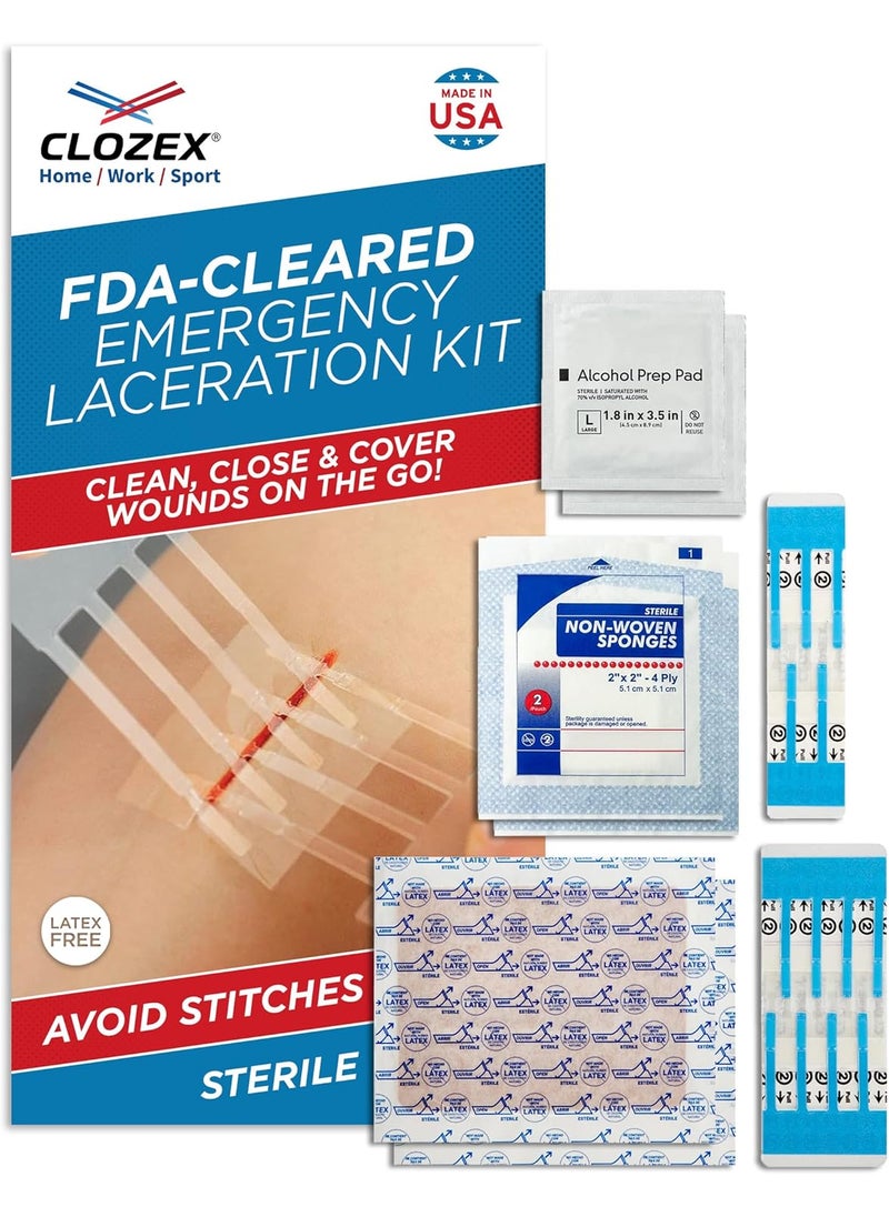 Clozex Complete Emergency Laceration Kit - Repair Wounds Without Stitches, FSA HSA Eligible Skin Clean Cover Closure Device for 2 Individual Or Combine for 2 1/2 in. Length