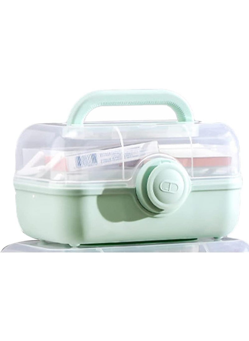 YXQ First Aid Box, Plastic Removable 3-Tier Fold Tray Pill Case Portable Handled Medicine Storage Organizer Box Empty Tackle Bin for Home/School/Office,Green