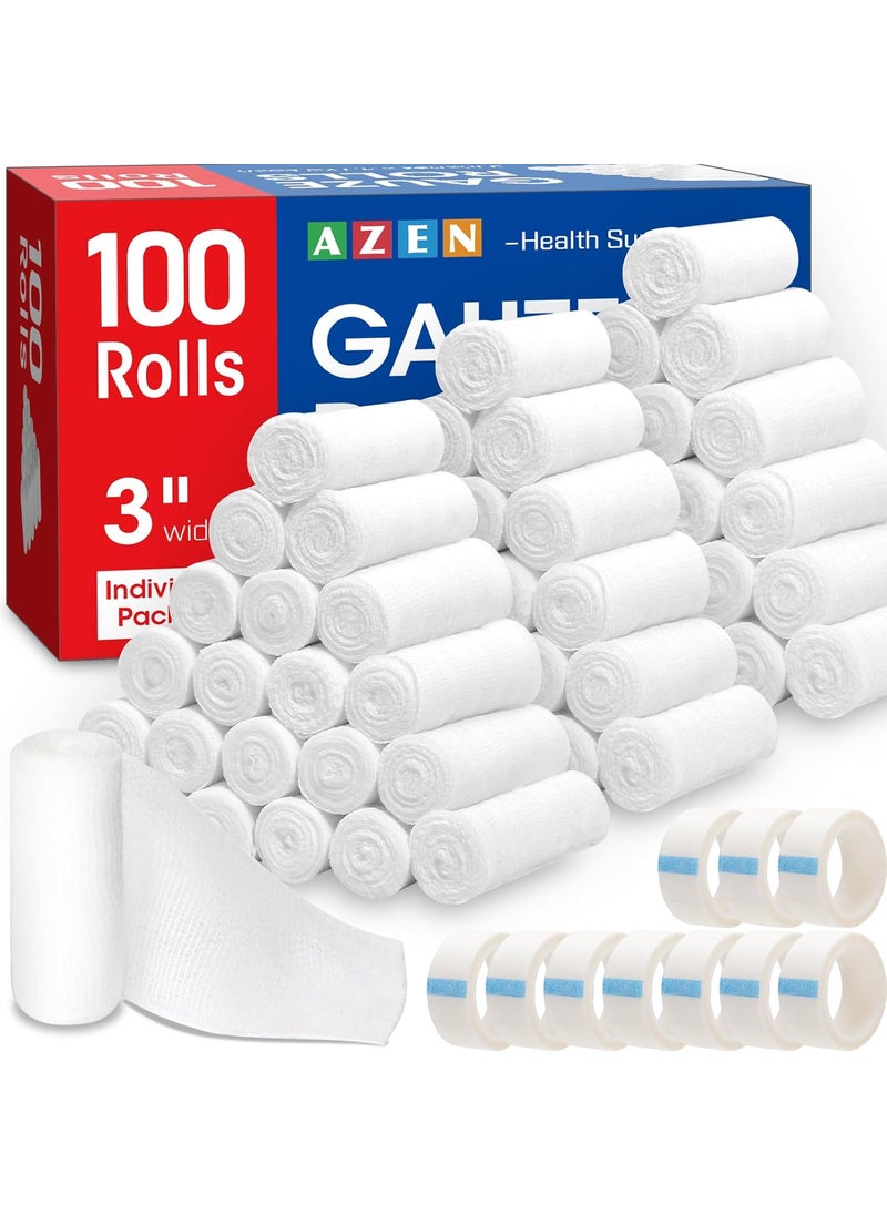 AZEN 100 Pack Gauze Rolls Bandages, 3 in x 4.1 Yards, First Aid Supplies & Premium Medical Supplies, Bandage Wrap Vet Wrap