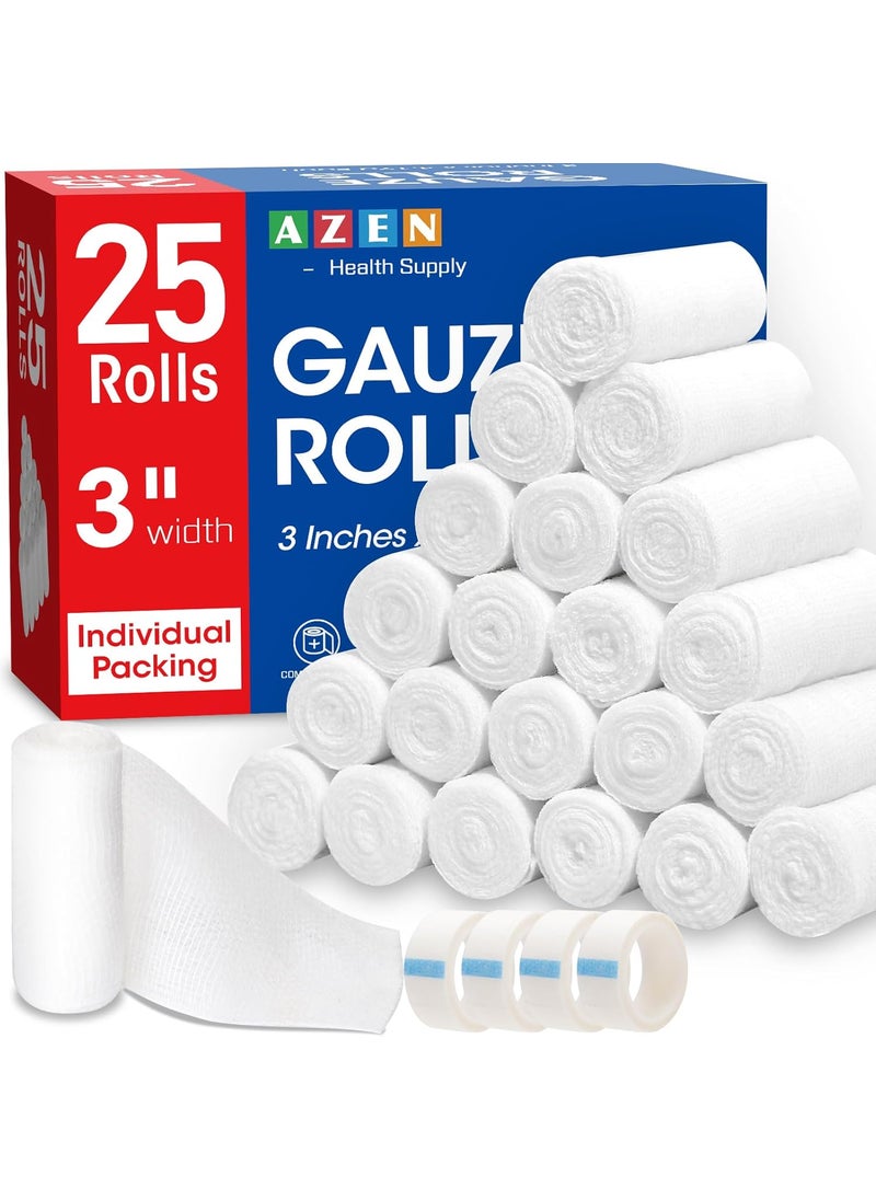 AZEN 25 Pack Gauze Rolls Bandages, 3 in x 4.1 Yards, Premium Medical Supplies & First Aid Supplies, Bandage Wrap Vet Wrap, Mummy Wraps