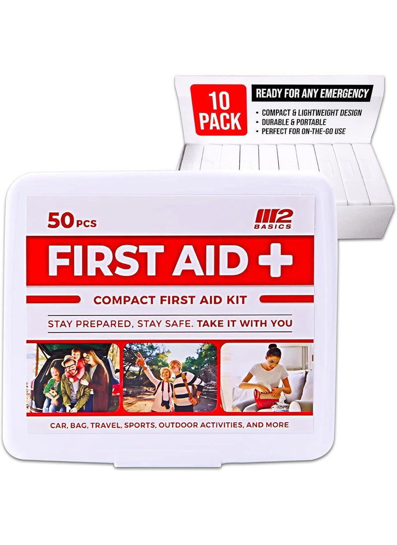 M2 BASICS 10-Pack Mini First Aid Kit Bundle (500 PCS Total, 50 PCS/Kit) | Small First Aid Kit for Travel, Car, Camping | Med Kit