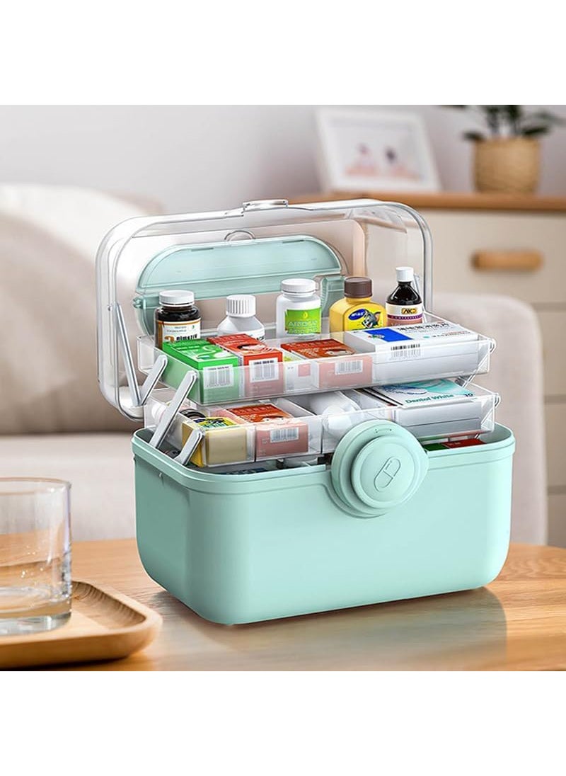 Plastic Medical Box First Aid Storage Containers 3-Tier Fold Tray with Removable Pill Case Family Empty Medication Organizer with Handled for Home, Medical Facility, School and Travel-Green