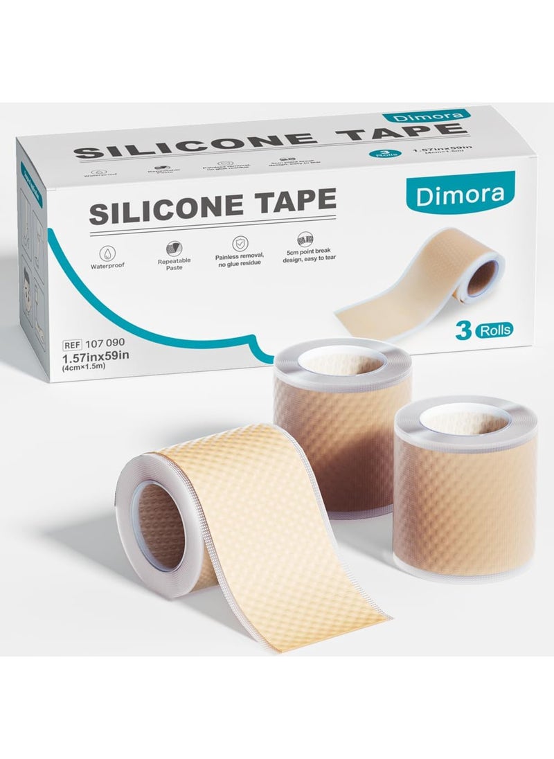 Dimora Silicone Tape 3 Rolls - Hypoallergenic Medical Tape for Sensitive Skin, Pain-Free Removal First Aid Tapes with Easy Tear Precut, Waterproof Surgical Tape,1.6in x 177in