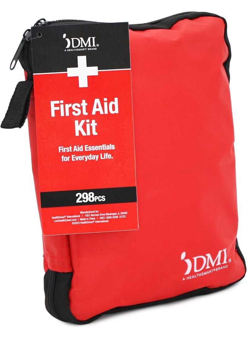 DMI 298-Piece Complete Emergency First Aid Kit, Treats Pain, Swelling, Cuts, Scrapes & Burns, Complete First Aid Guide Included, Clear Pocket Organization, Durable Zippered Travel Bag