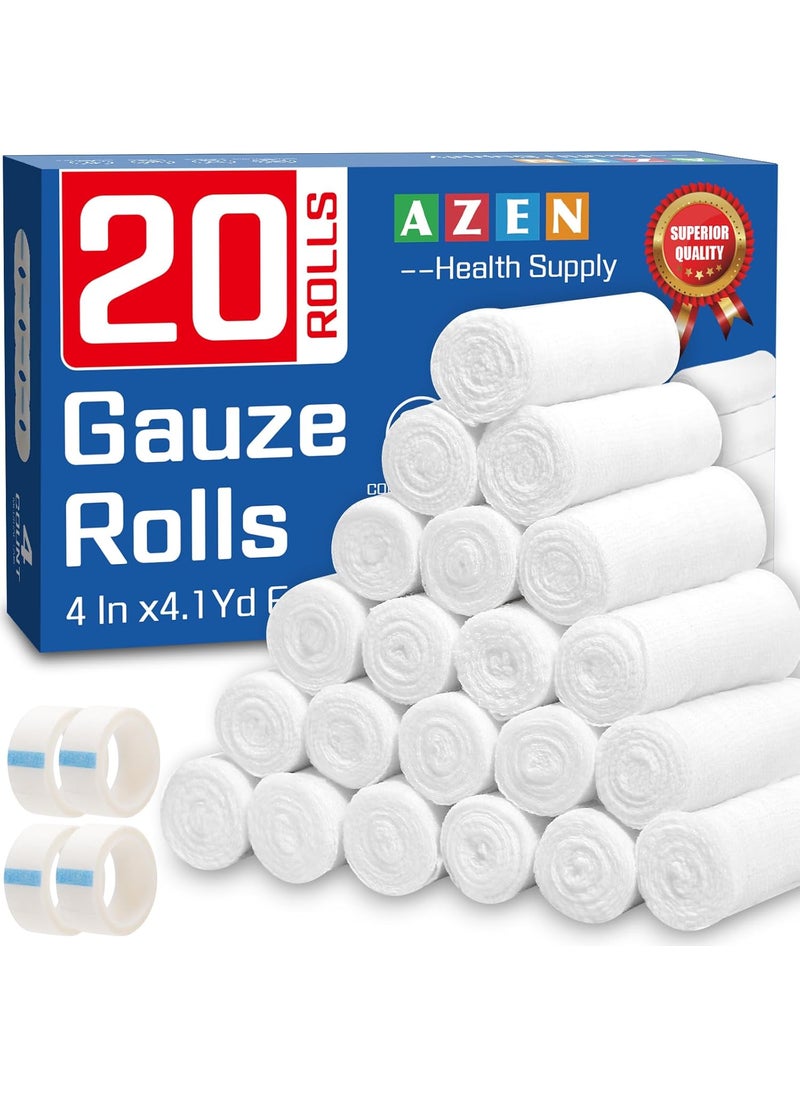 AZEN 20 Pack Gauze Rolls Bandages, 4 in x 4.1 Yards, Premium Medical Supplies & First Aid Supplies, Bandage Wrap Vet Wrap, Mummy Wraps