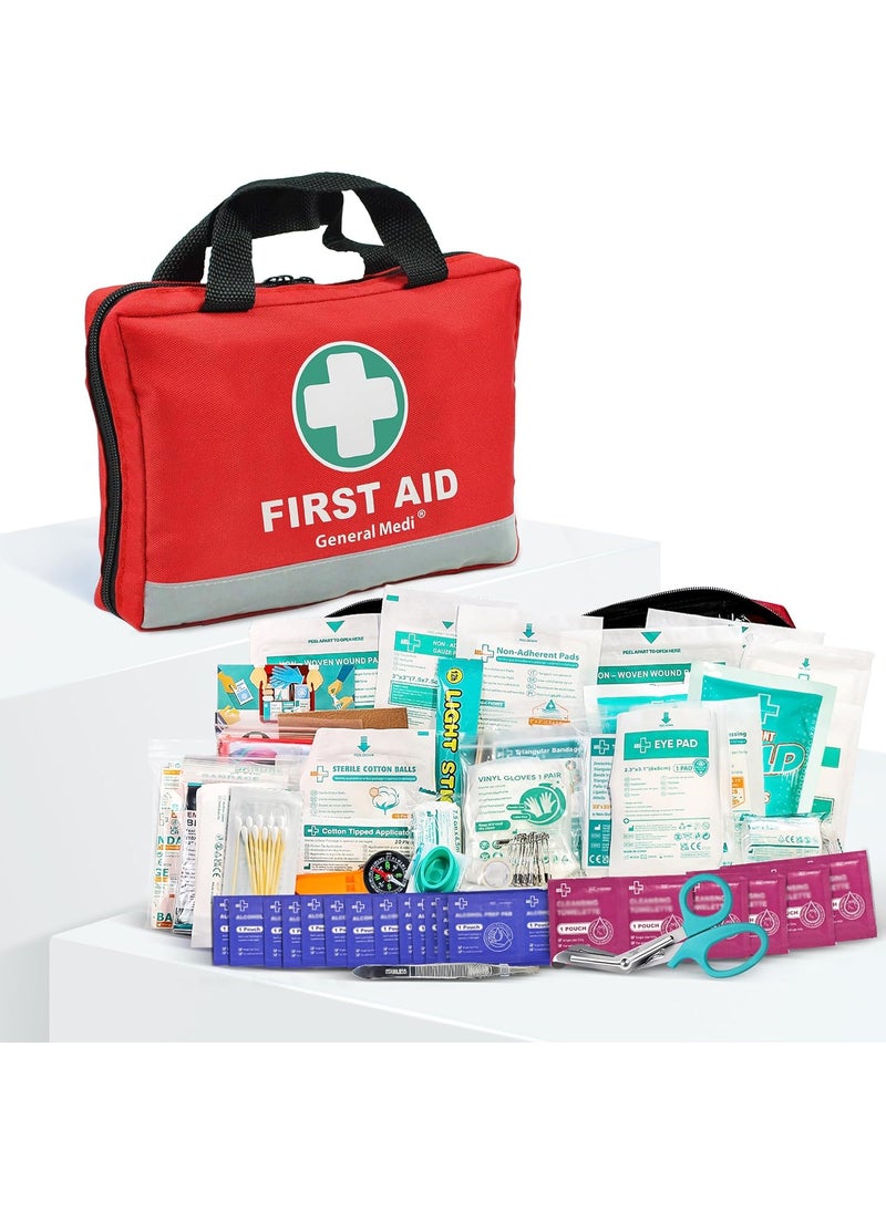 General Medi First Aid Kit -309 Pieces- Reflective Bag Design - Including Bandages, Moleskin Pad and Emergency Blanket for Travel, Home, Office, Car, Camping, Workplace