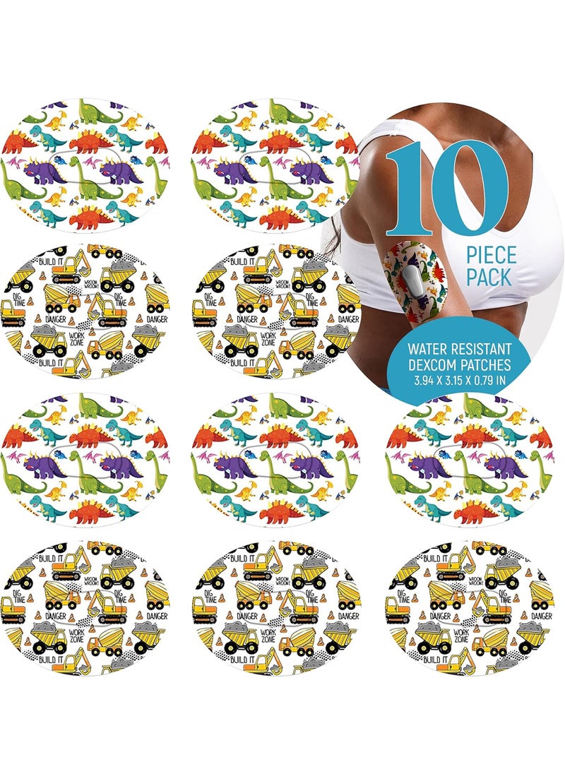 Dexcom Adhesive Mix Dino & Construction Design Adhesive Patches with Split Backing, Easy to Apply x 10 Pack