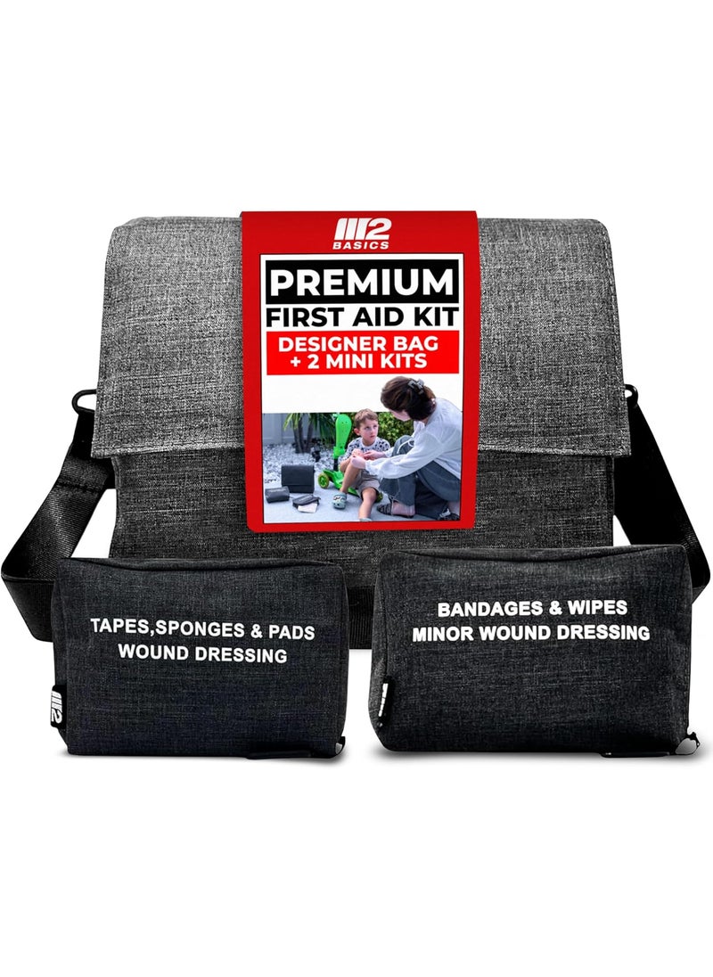 M2 BASICS Premium First Aid Kit (Includes 2 Mini Kits + Stylish Bag) Executive Gray | First Aid Kit Car, Camping Essentials, FSA Eligible Items Only List, Car Accessories, Hiking Gear, Dorm Essentials