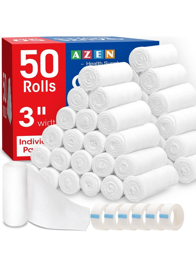 AZEN 50 Pack Gauze Rolls Bandages, 3 in x 4.1 Yards, Premium Medical Supplies & First Aid Supplies, Bandage Wrap Vet Wrap