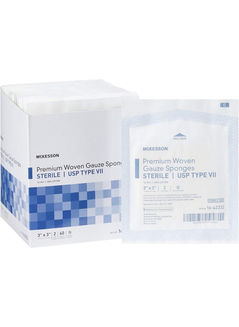 McKesson Premium Woven Gauze Sponges, Sterile, 12-Ply, USP Type VII, 100% Cotton, 3 in x 3 in, 2 per Pack, 40 Packs, 80 Total