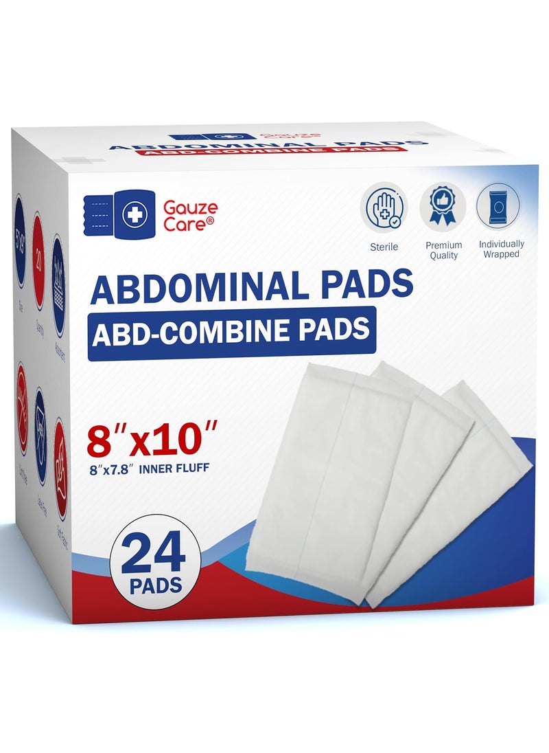 GauzeCare Sterile Abdominal- ABD Combine Pads| 24-Pack, 8x10 Inches| Extra Absorbent & Thick, Individually Wrapped Wound Dressing, First Aid Pads| Surgical-Grade, Nonstick- for Heavy Leakage, Post Op
