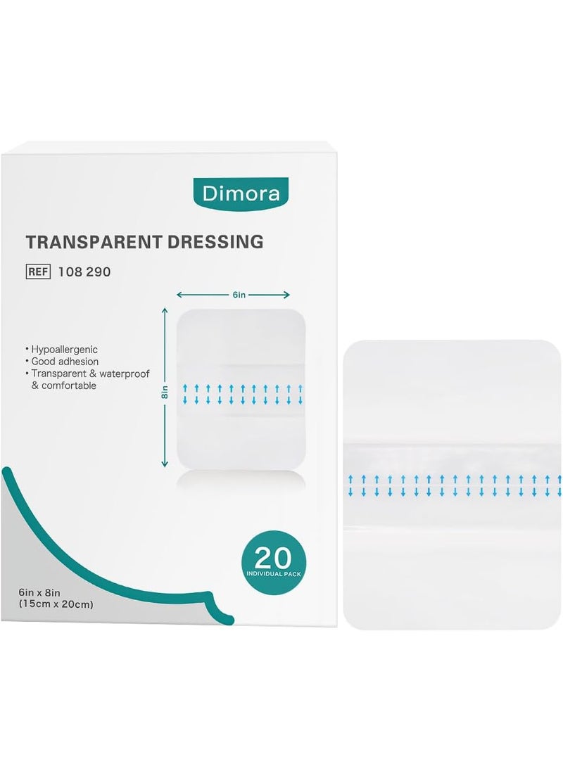 Dimora Transparent Film Dressing 6x8 inch 20 Packs with Hypoallergenic Adhesive, Large Waterproof Wound Bandages Post Surgical for Swimming, Tattoo Aftercare Bandage, IV Shield