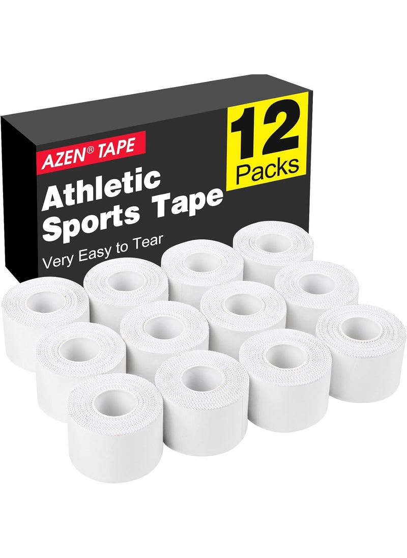 AZEN 12 Pack Athletic Sports Tape, Athletic & Medical Trainers & First Aid Tape for Injuries, Wrist Ankle Finger Tape, Easy to Tear & No Sticky Residue, 1.5 in X 10 Yards (White)
