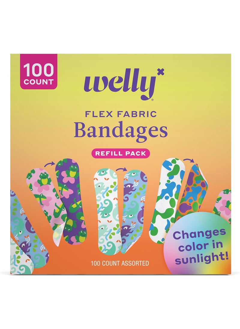 Welly Bandage Color Change Refill Pack | Adhesive Flexible Fabric Bandages | Assorted Shapes and Patterns for Minor Cuts, Scrapes, and Wounds - 100 Count