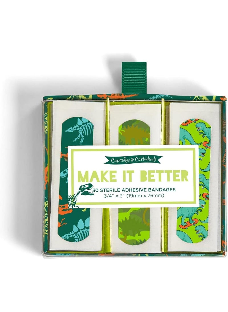 Two's Company 44080 Make it Better 30 Pc Dinosaur Pattern Bandages in Gift Box with 3 Patterns, Plastic, 4.25-inch Width
